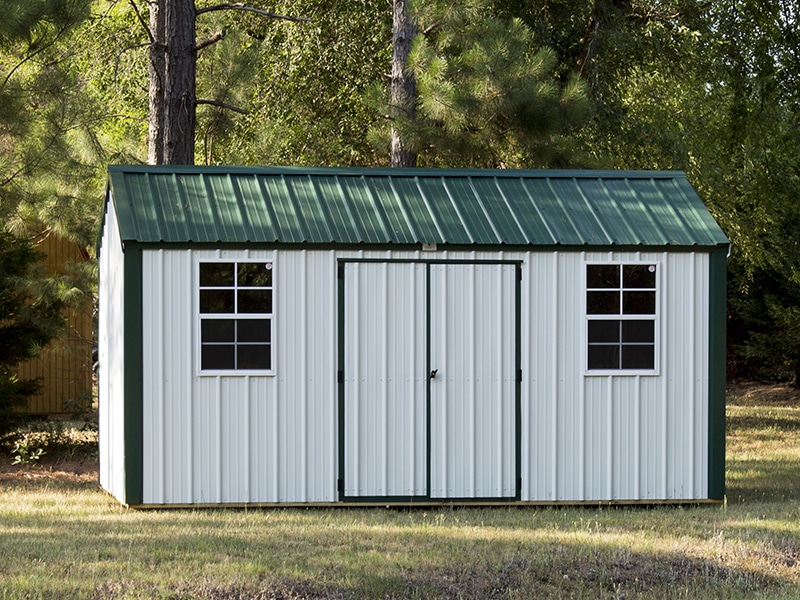 A shed with metal shed siding on it.