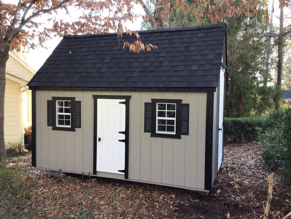 A gray shred with dark trim by Westwood Sheds.