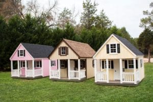 Playhouses lined up in a row by Westwood Sheds in South Carolina.